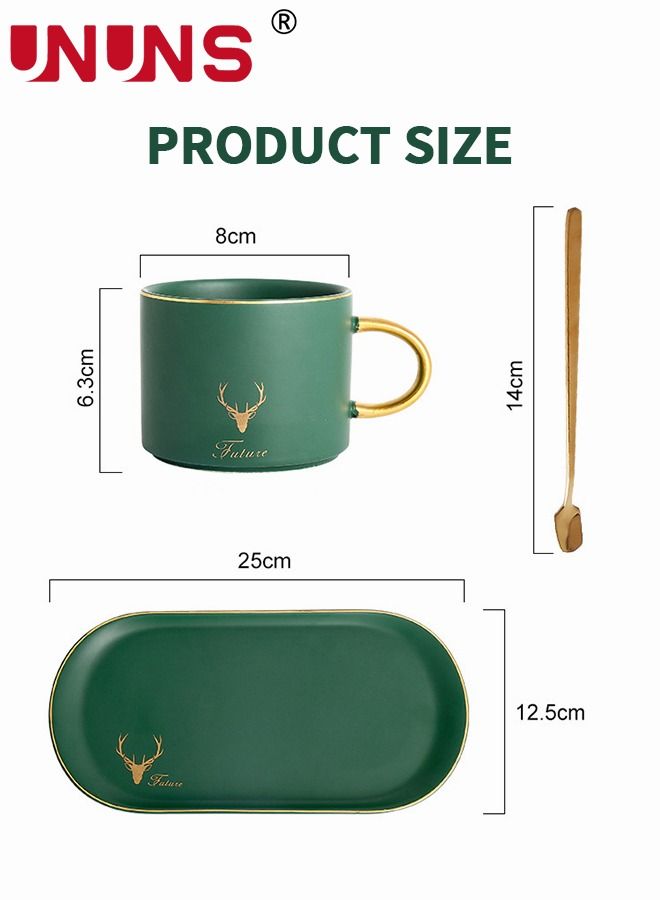 Ceramic Cup And Saucer Set,Tea Cup With Saucer And Golden Spoon,Elk Pattern Tea Breakfast Dessert Plate For Cappuccino,Latte,Cereal,Milk,Home Office Party,3 Piece,250ML,Green