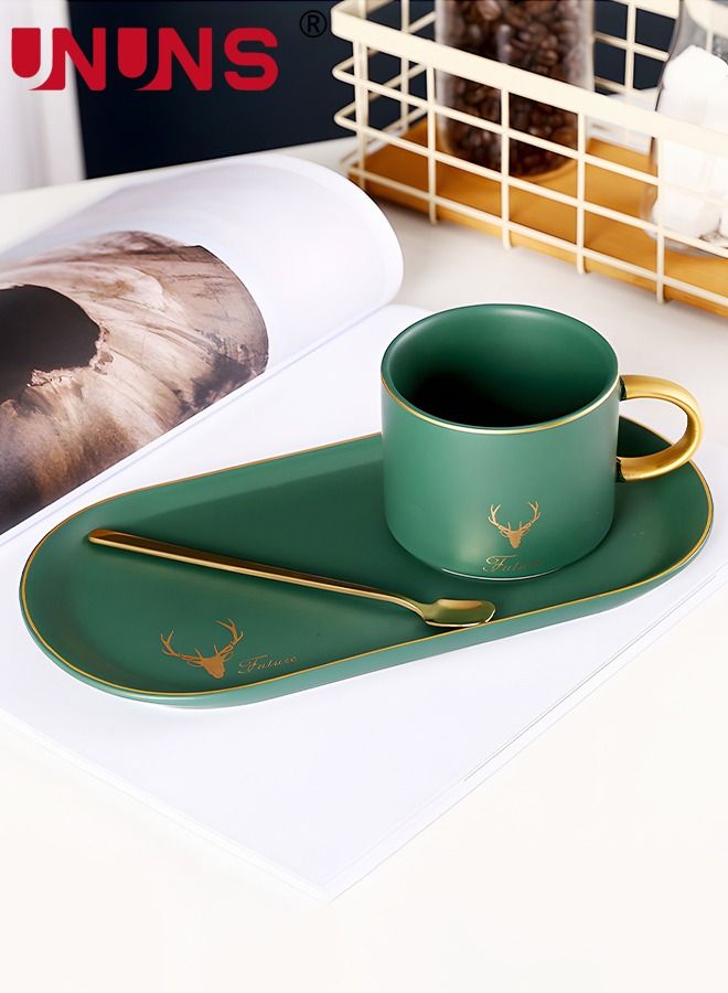 Ceramic Cup And Saucer Set,Tea Cup With Saucer And Golden Spoon,Elk Pattern Tea Breakfast Dessert Plate For Cappuccino,Latte,Cereal,Milk,Home Office Party,3 Piece,250ML,Green