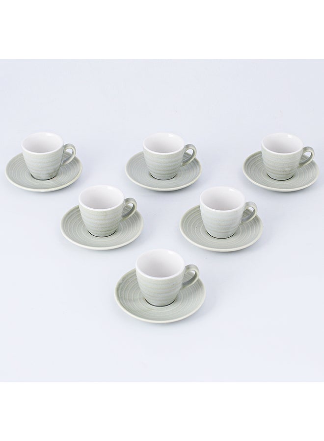 12-Piece Kiln Variable Glaze Process Round Linear Ceramic Cup And Saucer Set Green 11x9x6.5cm