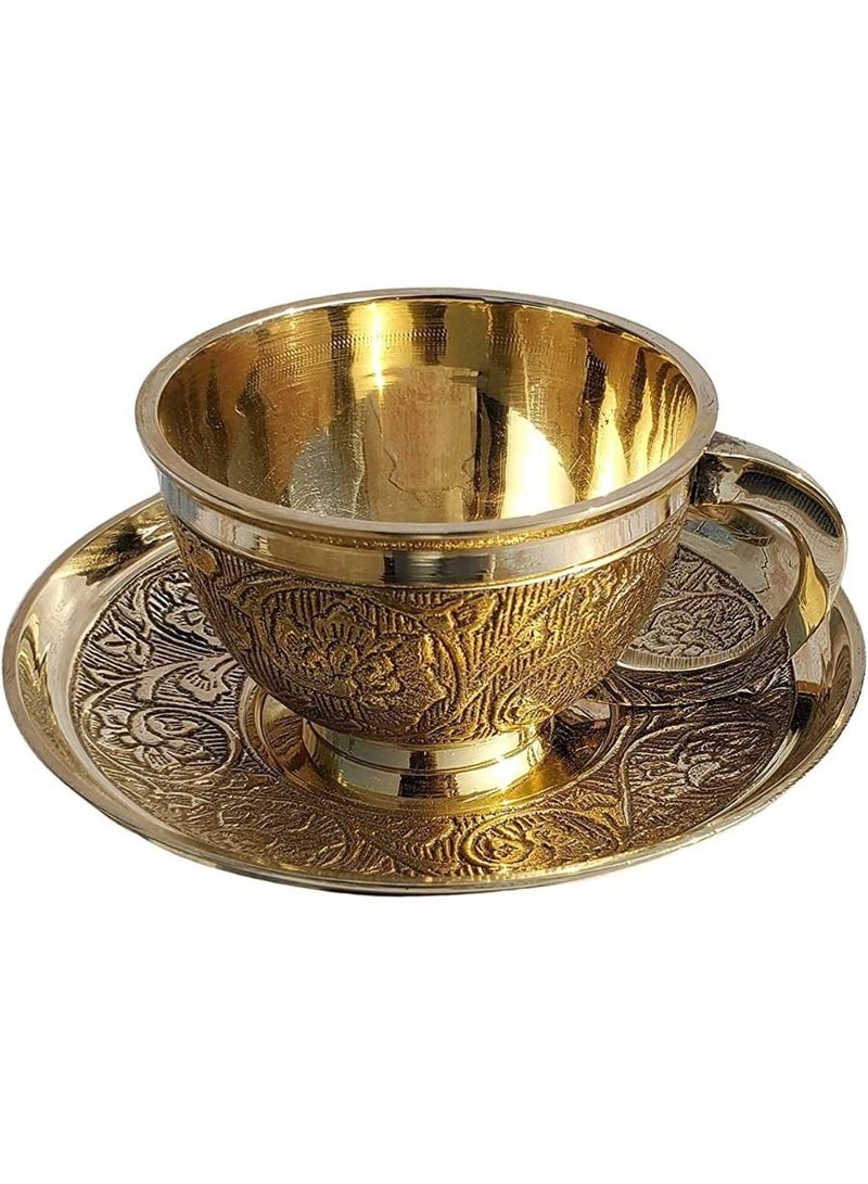 Pure Brass Embossed Design Cup Saucer Serving Tea Coffee Tableware