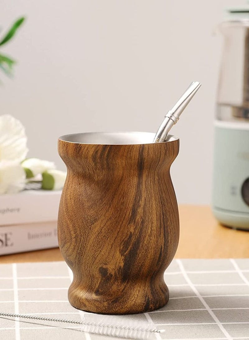 Yerba Mate Tea Cup 230ml Wood Grain Color Stainless Steel Double Walled Easy Wash Household Insulation Gourds for Loose Leaf Drinking with Bombilla Straw