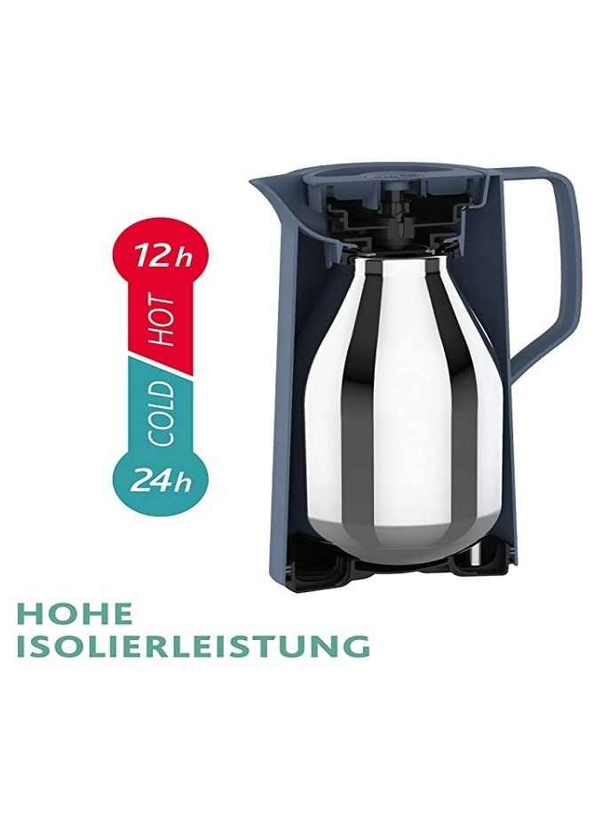 Emsa N41703 Motiva Vacuum Jug | 1 Litre | Quick Press Closure | 12 Hours Hot, 24 Hours Cold | Glass Bulb |Flask| Made in Germany | Nordic Design | North Blue