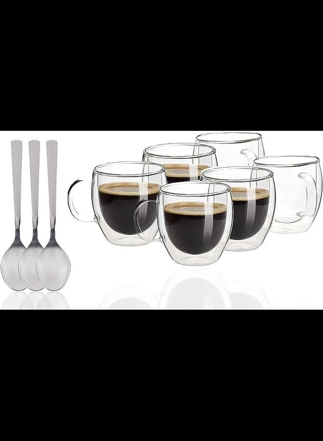 PESCADOR Double Wall Glass Espresso Coffee Mugs| Insulated Glass Cups for Latte| Hot Beverages, and Wine| Dishwasher Safe| 150mL Capacity| Set of 6