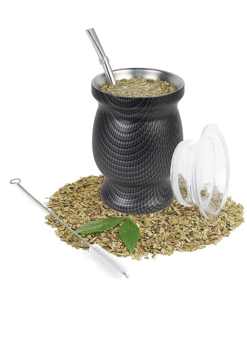 Yerba Mate Tea Cup 230ml Black Grid Stainless Steel Double Walled Easy Wash Household Insulation Cup Mate Gourds for Yerba Mate Loose Leaf Drinking Includes Bombilla Straw and Cleaning Brush