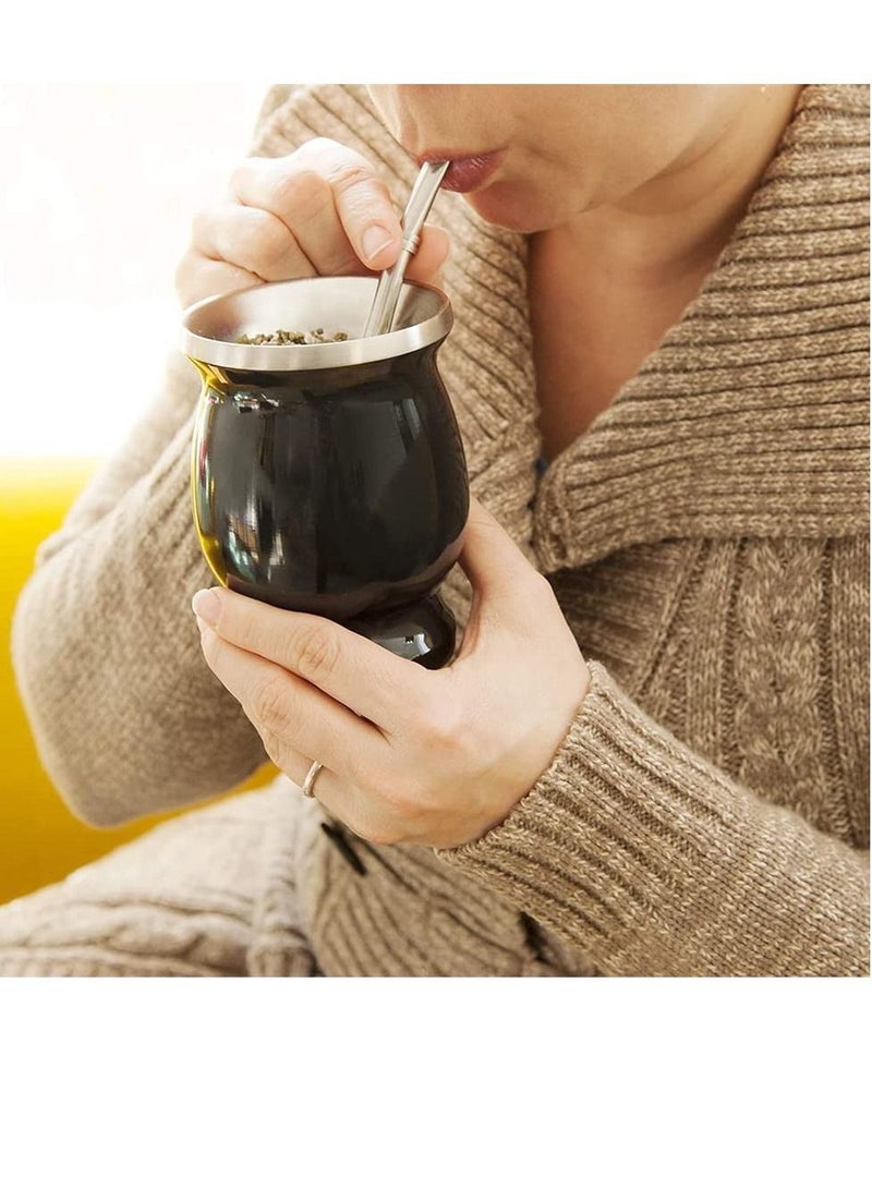 Yerba Mate Tea Cup 230 ml Black Stainless Steel Double Walled Easy Wash Household Insulation Cup with Bombilla Straw Mate Gourds for Yerba Mate Loose Leaf Drinking