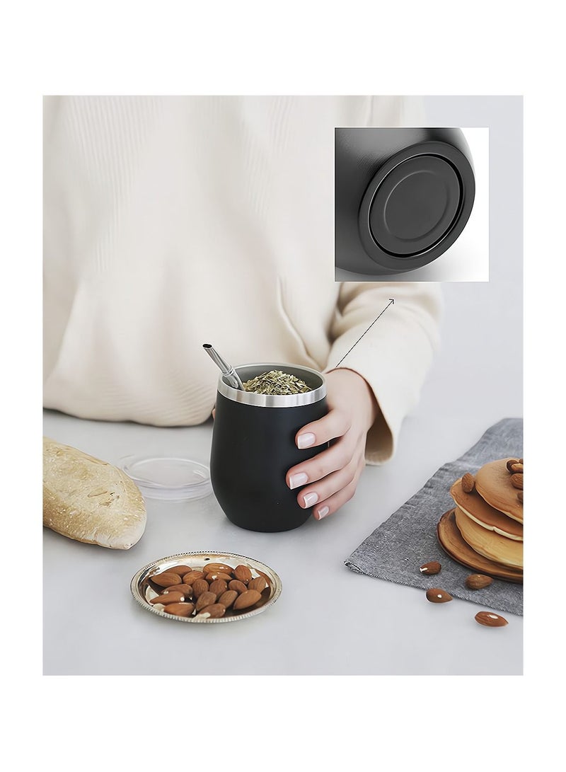 Mate Tea Cup And Bombilla Straw Set 12oz Double-wall Stainless Coffee Water Tea Cup Natural Mate Gourd Cup Kit For Mate tea Loose Leaf Drinking