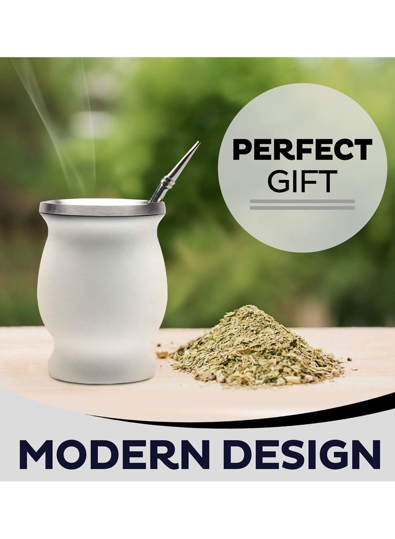 Yerba Mate Tea Cup 230ml White Color Stainless Steel Double Walled Easy Wash Household Insulation Cup for Yerba Mate Loose Leaf Drinking with Bombilla Straw