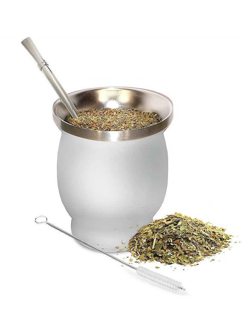 Yerba Mate Tea Cup 230ml White Color Stainless Steel Double Walled Easy Wash Household Insulation Cup for Yerba Mate Loose Leaf Drinking with Bombilla Straw