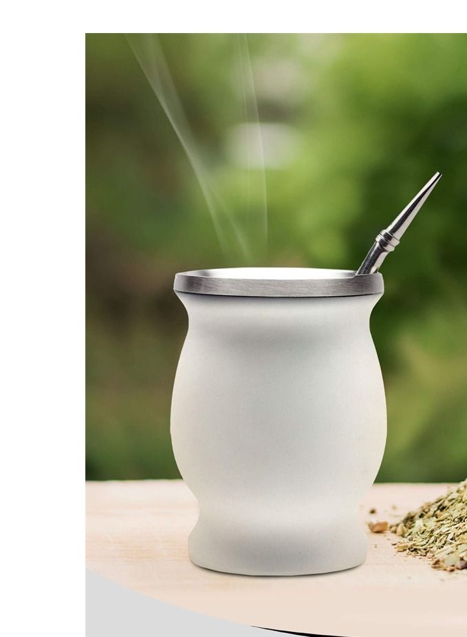 Yerba Mate Tea Cup 230ml White Color Stainless Steel Double Walled Easy Wash Household Insulation Cup for Yerba Mate Loose Leaf Drinking with Bombilla Straw