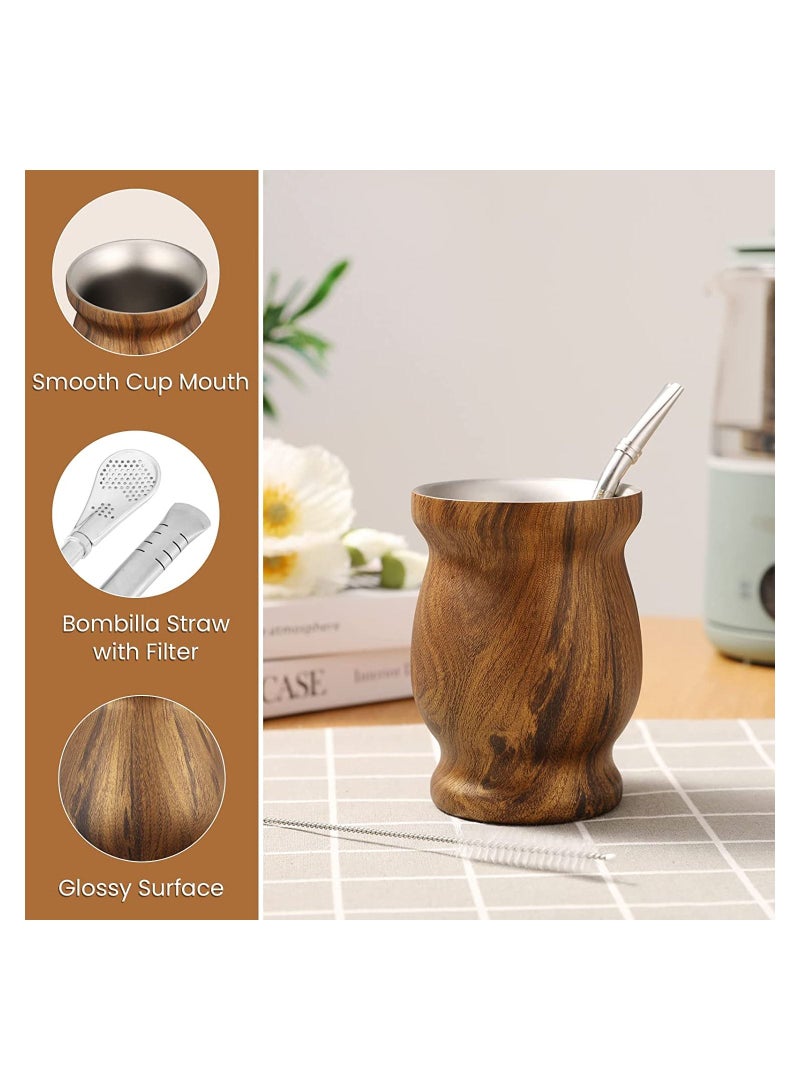 Yerba Mate Tea Cup 230ml Wood Grain Color Stainless Steel Double Walled Easy Wash Household Insulation Cup, Mate Gourds for Yerba Mate Loose Leaf Drinking with Bombilla Straw