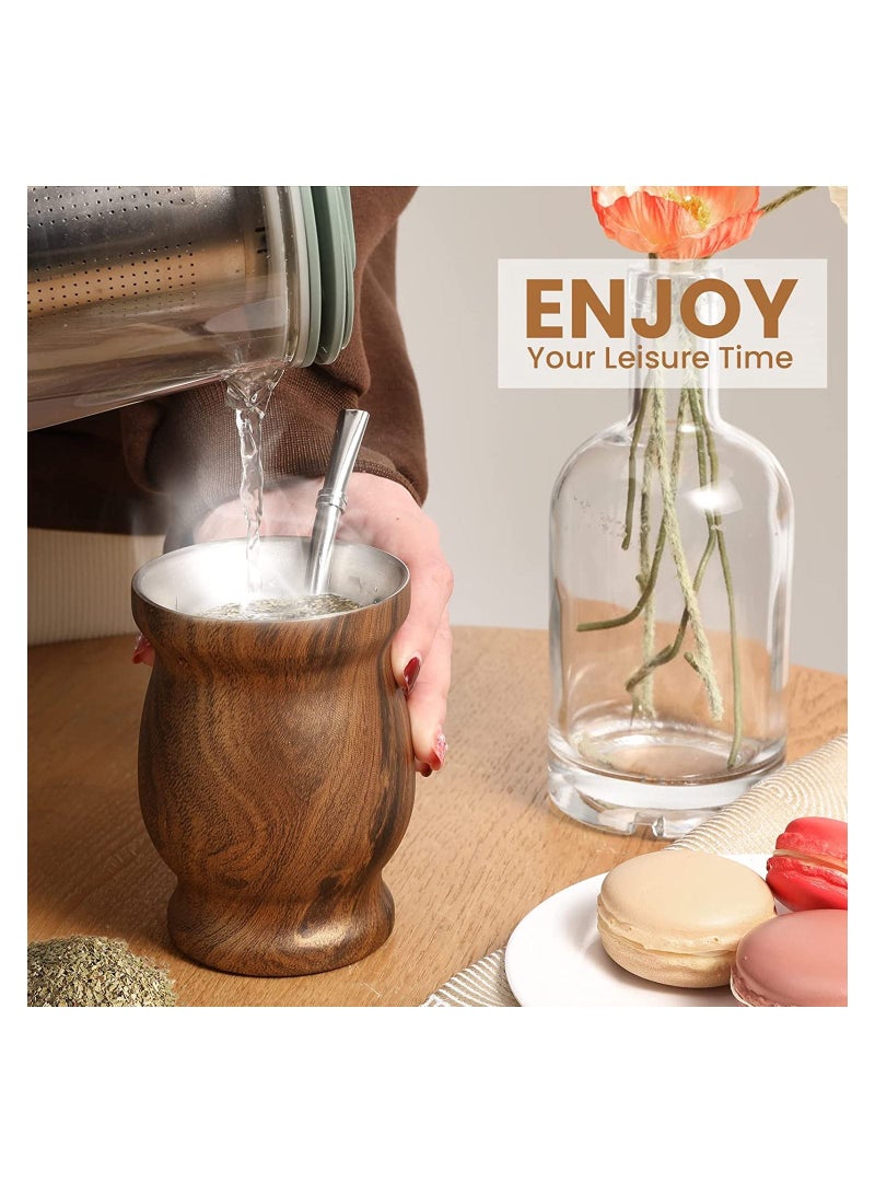 Yerba Mate Tea Cup 230ml Wood Grain Color Stainless Steel Double Walled Easy Wash Household Insulation Cup, Mate Gourds for Yerba Mate Loose Leaf Drinking with Bombilla Straw