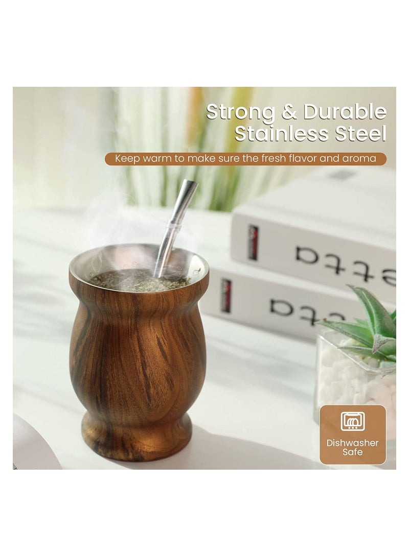 Yerba Mate Tea Cup 230ml Wood Grain Color Stainless Steel Double Walled Easy Wash Household Insulation Cup, Mate Gourds for Yerba Mate Loose Leaf Drinking with Bombilla Straw