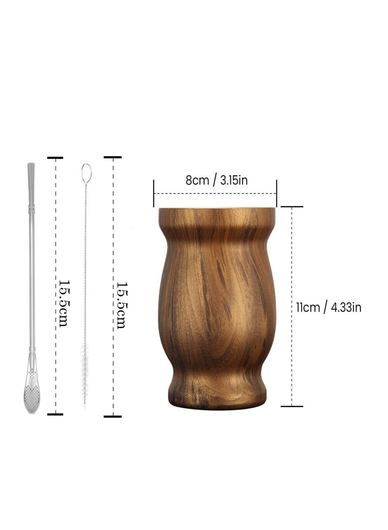 Yerba Mate Tea Cup 230ml Wood Grain Color Stainless Steel Double Walled Easy Wash Household Insulation Cup, Mate Gourds for Yerba Mate Loose Leaf Drinking with Bombilla Straw