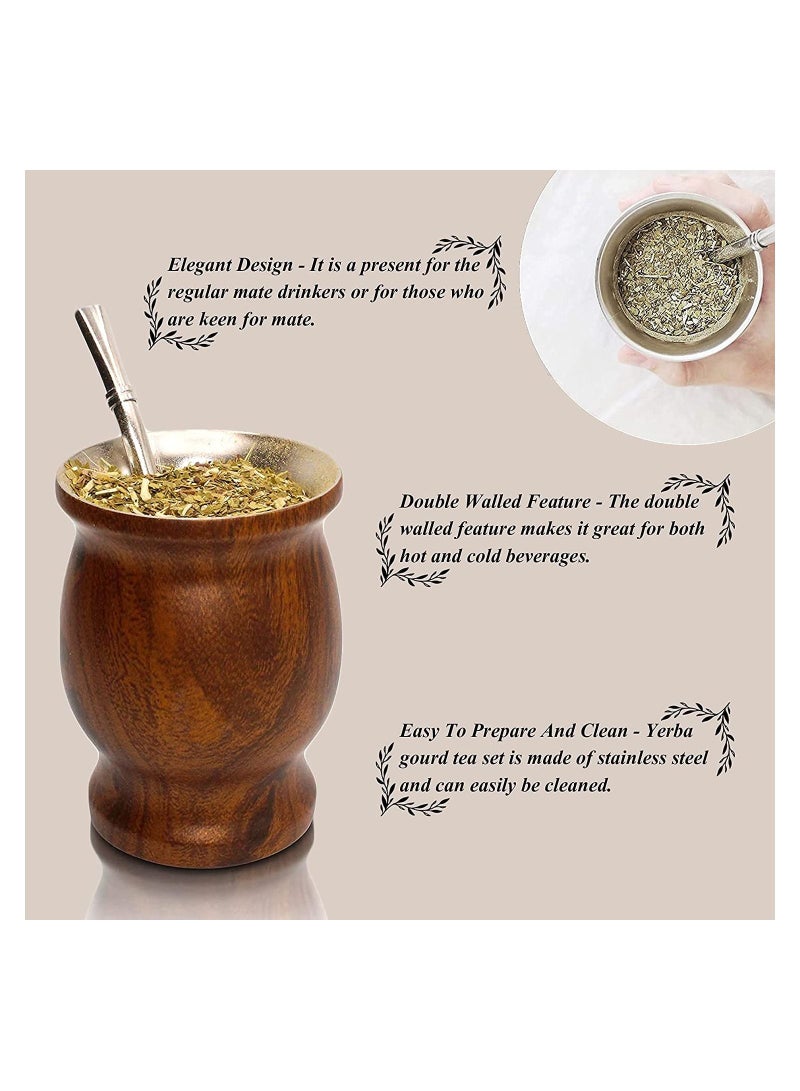 Yerba Mate Tea Cup 230ml Wood Grain Color Stainless Steel Double Walled Easy Wash Household Insulation Cup, Mate Gourds for Yerba Mate Loose Leaf Drinking with Bombilla Straw