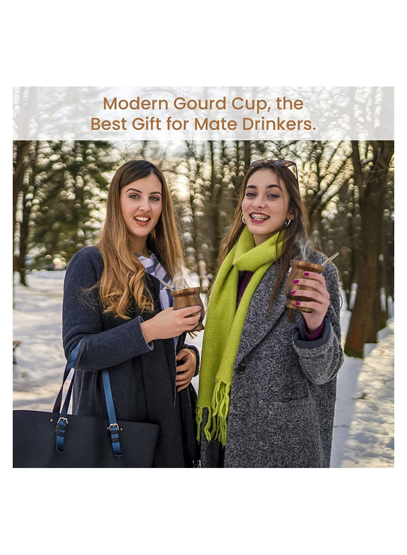 Yerba Mate Tea Cup 230ml Wood Grain Color Stainless Steel Double Walled Easy Wash Household Insulation Cup, Mate Gourds for Yerba Mate Loose Leaf Drinking with Bombilla Straw