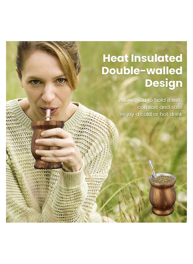 Yerba Mate Tea Cup 230ml Wood Grain Color Stainless Steel Double Walled Easy Wash Household Insulation Cup, Mate Gourds for Yerba Mate Loose Leaf Drinking with Bombilla Straw