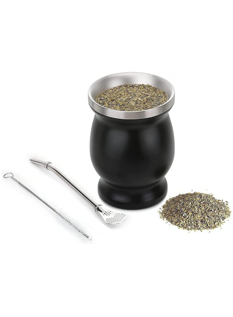 Yerba Mate Tea Cup, Stainless Steel Double Walled Easy Wash Household Insulation Gourds for Loose Leaf Drinking with Bombilla Straw, Black, 230 Ml