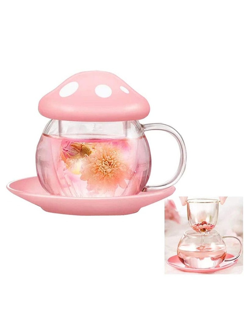 Tea Mug with Strainer Filter Infuser,for Loose Leaf Tea Mushroom Design Cute and Heat Resistant for Women Man Friends Gifts(290ML 9.6oz) (Pink)