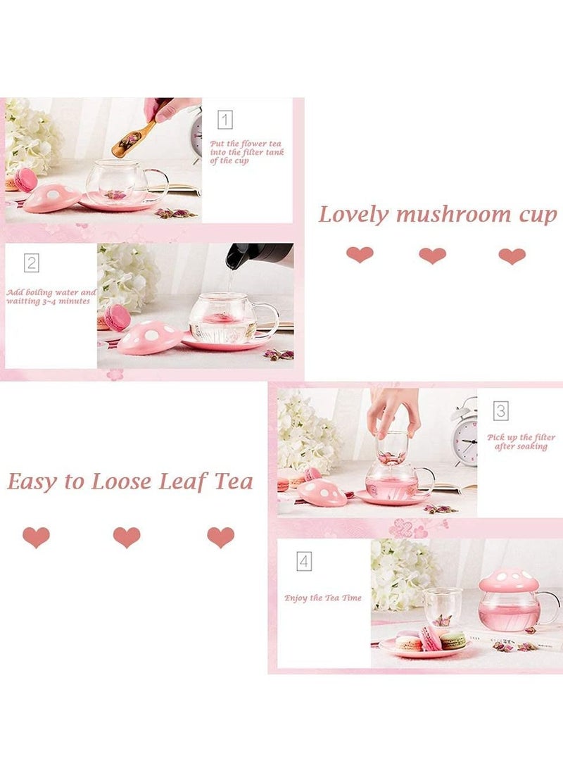 Tea Mug with Strainer Filter Infuser,for Loose Leaf Tea Mushroom Design Cute and Heat Resistant for Women Man Friends Gifts(290ML 9.6oz) (Pink)