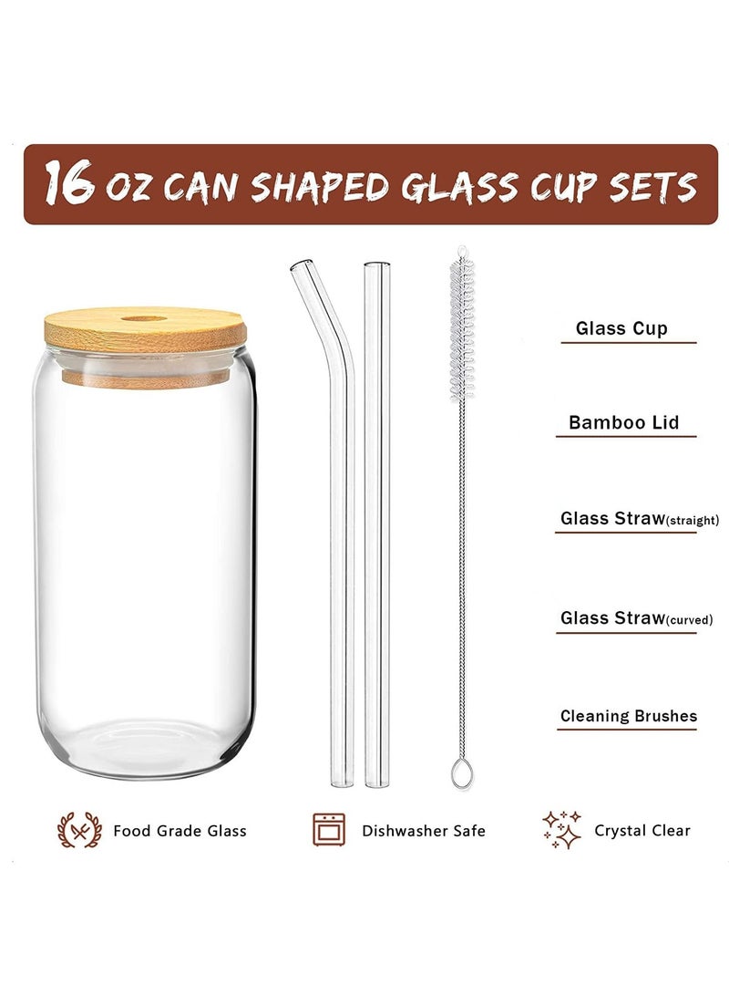 6 pcs Set  Glass Cups with Bamboo Lids and Glass Straw Can Shaped Drinking Glasses 16 oz Iced Coffee Glasses Tumbler Cup for Smoothie Boba Tea Water