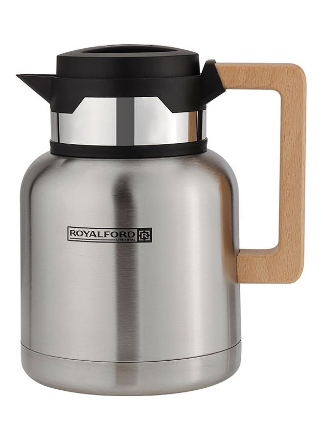 Royal Ford Stainless Steel Vacuum Jug with Wooden Handle, 1L, RF10169 | Thermal Insulated Airpot | Keep Drinks Hot & Cold up to Hours | Portable & Leak Proof Thermal Flask Silver/Beige