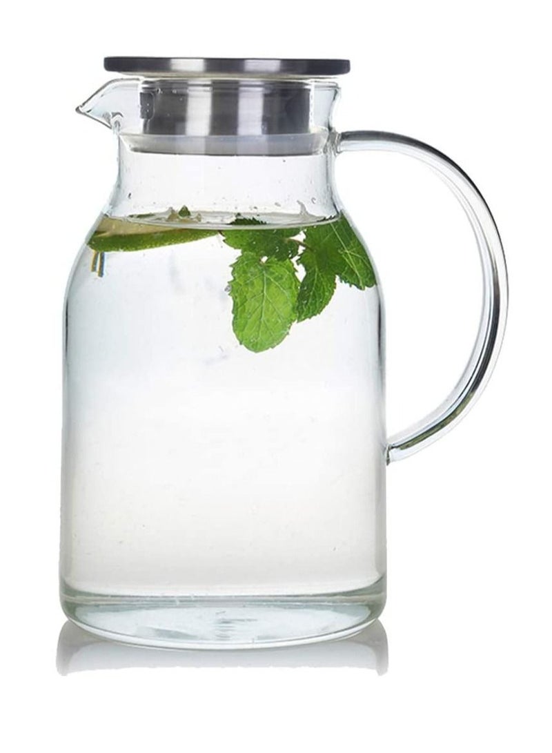 Glass Pitcher 1800ml Water Pitcher with Lid and Precise Scale Line Stainless Steel Iced Tea Pitcher Easy Clean Heat Resistant Borosilicate Glass Jug for Juice Milk Cold or Hot Beverages
