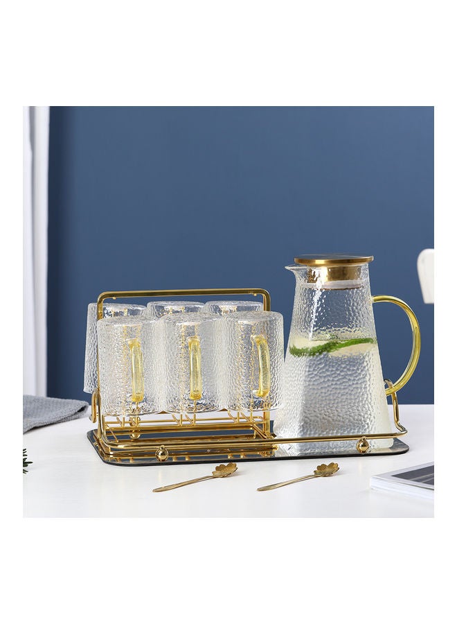 15 PIece Glass Cup Set Gold With Teapot & Tray & Cup Holder & Flower Shaped Spoons Gold/Clear 11.5x21x8cm