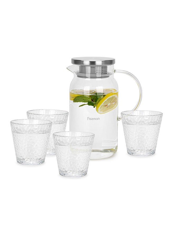 Picther Jug  and Glass Cup Set Borosilicate Glass Heat Resistant with Arc Shape Handle, Leakproof Lid And Stainless Steel Housing 1400ml + 4x290ml