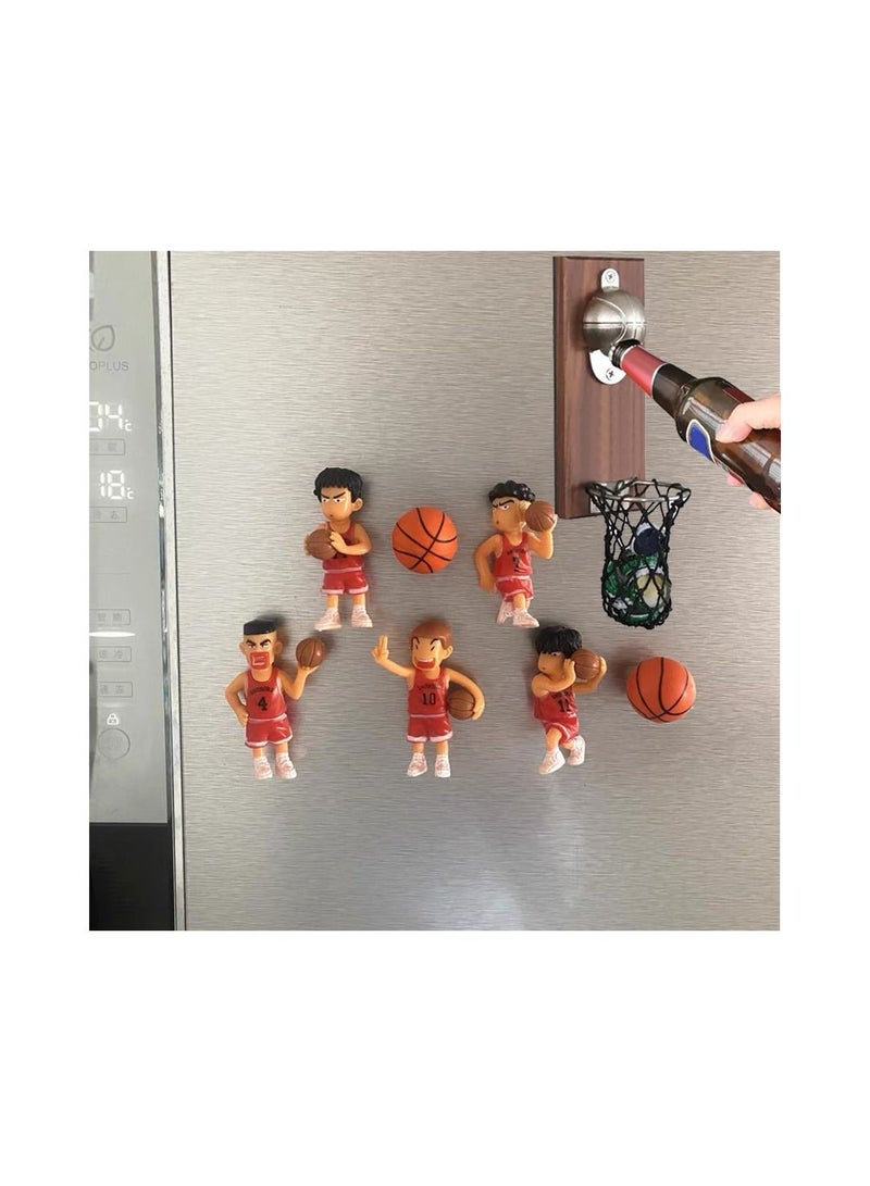1-Piece Creative Cartoon Multifunction Bottle Opener,Embedded Solid Wood Fridge Magnet Bottle Opener Kitchen Tools with 5 Pieces Magnetic Vivid Cartoon Characters and 2 Pieces Magnetic Basketballs