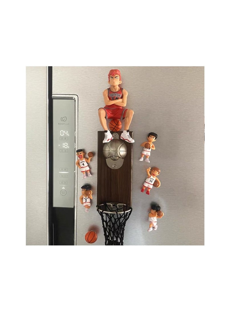 1-Piece Creative Cartoon Multifunction Bottle Opener,Embedded Solid Wood Fridge Magnet Bottle Opener Kitchen Tools with 5 Pieces Magnetic Vivid Cartoon Characters and 2 Pieces Magnetic Basketballs