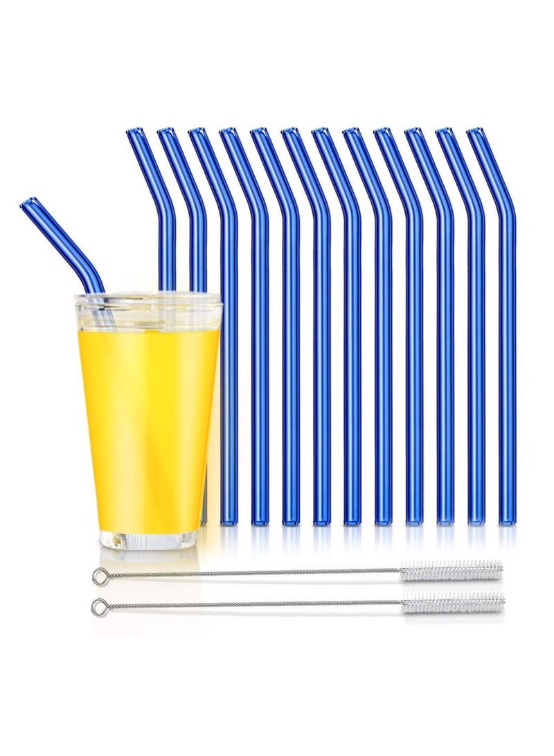 Reusable Glass Straws, Bent Drinking Straws with 2 Cleaning Brushes, for Smoothies, Milkshakes, Juice (Blue, 12 Pack)