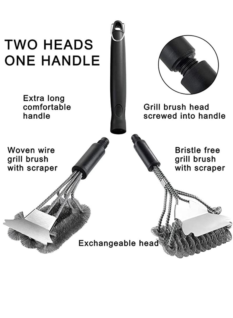 Grill Brush with Scraper 18 Inch Two Kinds of Exchangeable Brush Head at Carrying Bag - Safe Wire Stainless Steel BBQ Brush - Barbecue Cleaning Grill Brush for Gas/Charcoal Grilling Grates