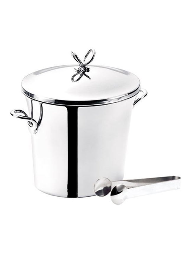 Double Wall Oval Ice Bucket With Cover And Tong Silver 22cm