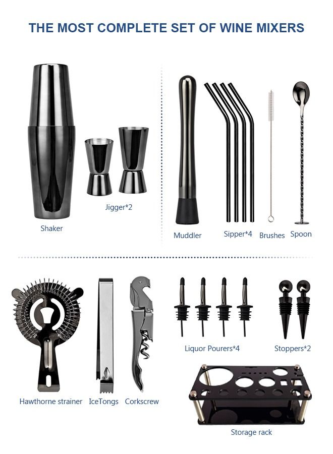 20-Piece Boston Cocktail Shaker Bar Set Gunmetal Plated Bartender Kit Cocktail Shaker Set Black Cocktail Kit with Mixology Bartender Kit Bar Accessories Bartending Kit Cocktail Set With Shaker