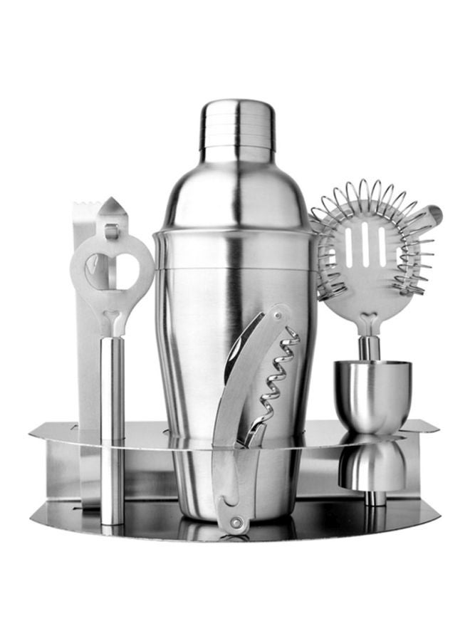 7-Piece Stainless Steel Cocktail Shaker Set Silver Stand 21x12.2x4.4, Cocktail Shaker 8.1x21cm, Strainer 18x7.5, Cheese Knife 16x4.2, Red Wine Bottle Opener 11.1x3.3x1.1, Ice Clip16x1.8cm