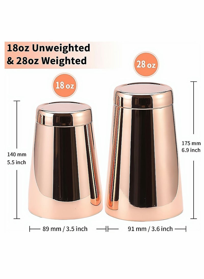 Rose Gold Boston Cocktail Shaker 2 Piece 18oz Unweighted and 28oz Weighted Professional Shaker Bar Set for Professional Bartenders and Home Cocktail Lover Bartending Essential Tools