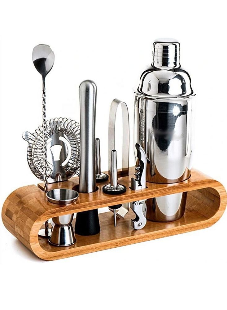 9Pcs Cocktail Shaker Bartender Kit with Bamboo Stand 550ml Making Set Stainless Steel Home Bartending Kit