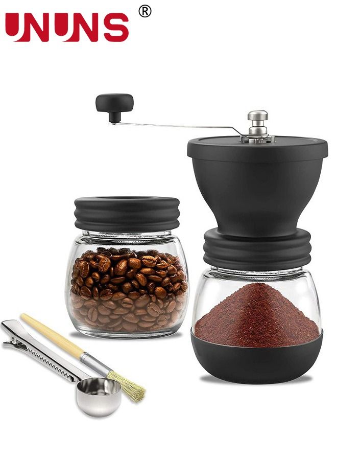 Manual Coffee Grinder with Ceramic Burrs,Hand Coffee Mill with Two Glass Jars(11oz Each), Cleaning Brush and Coffee Scoop French Press, Pour Over, Drip Coffee