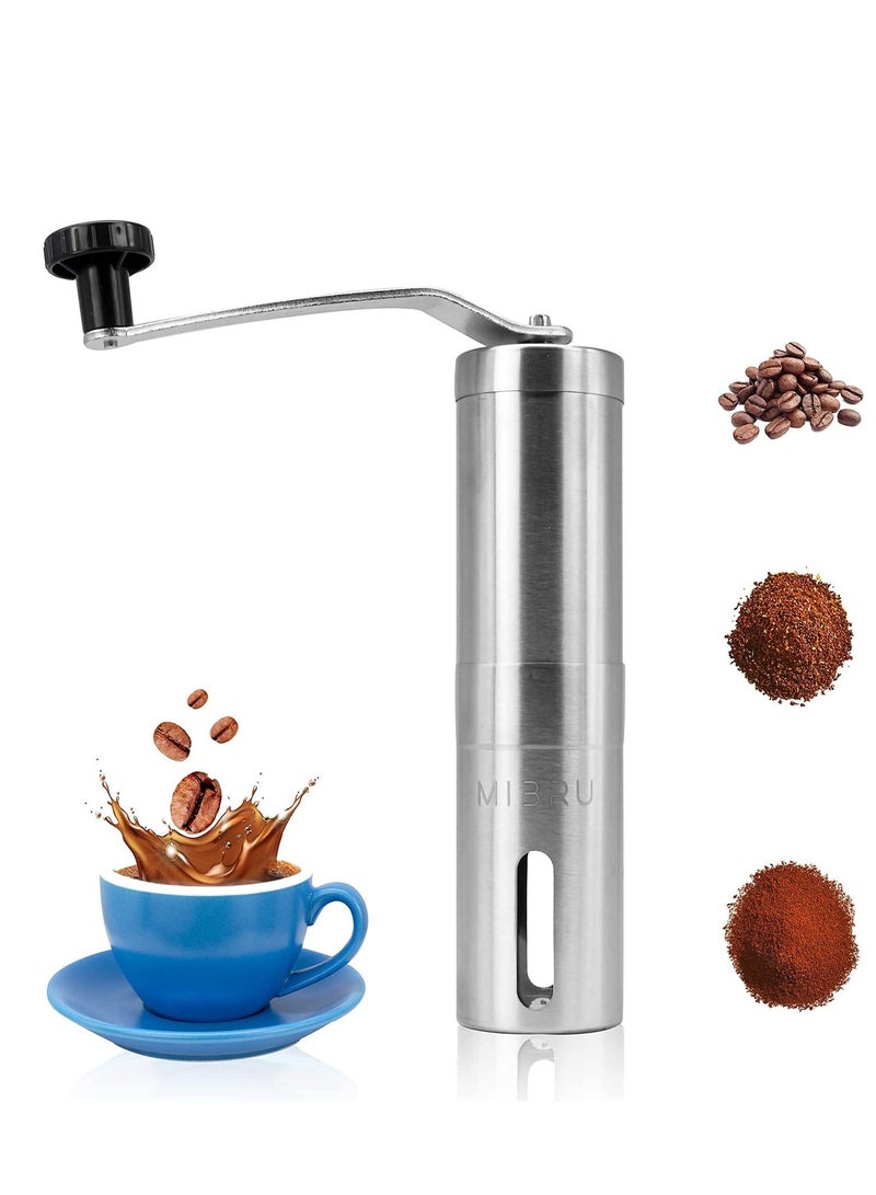 Portable Manual Coffee Grinder with Ceramic Burr, Adjustable Settings Conical Burr Mill Brushed Stainless Steel Hand Manual Grinder Mill(Large 19cm / 7.5 inch)
