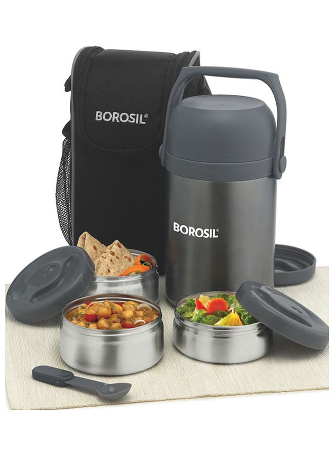 3 Layer Borosil Hot N Fresh Lunch Box Silver 16x16x28cm