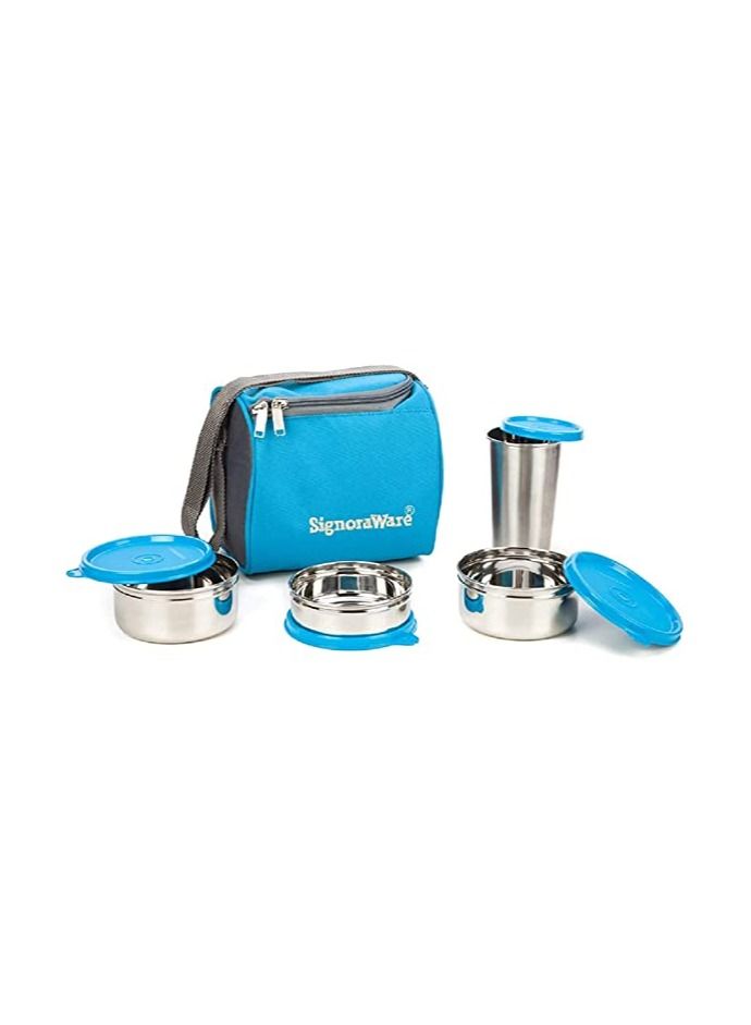 Signoraware Best Steel Lunch Box, Blue (500ml+350ml+200ml) | with Steel Tumbler 370ml