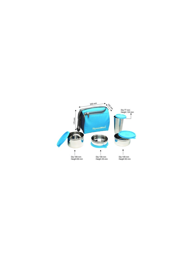Signoraware Best Steel Lunch Box, Blue (500ml+350ml+200ml) | with Steel Tumbler 370ml