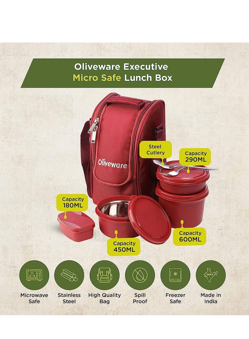 Executive Micro Safe Lunch Box | 3 Stainless Steel Containers | Microwave Safe | Insulated Fabric Bag | Leak Proof | Full Meal (Red)