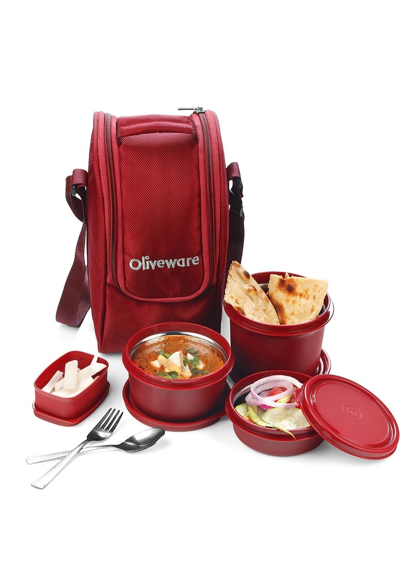 Executive Micro Safe Lunch Box | 3 Stainless Steel Containers | Microwave Safe | Insulated Fabric Bag | Leak Proof | Full Meal (Red)