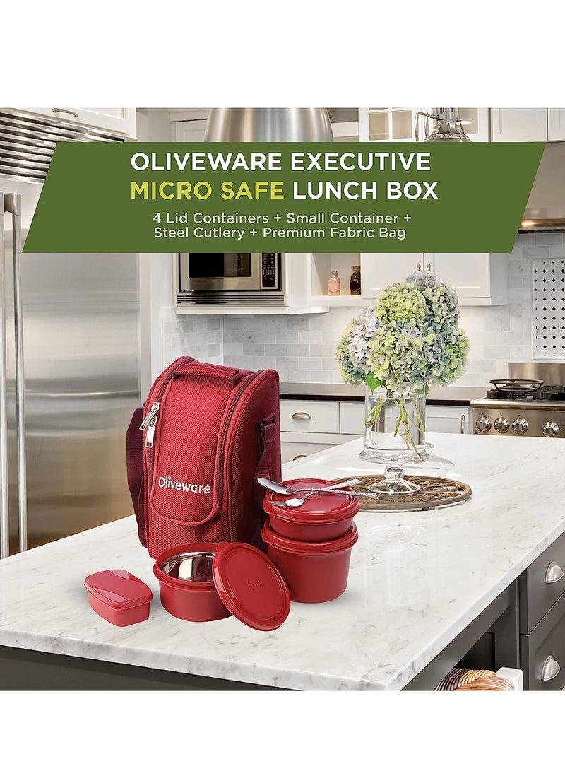 Executive Micro Safe Lunch Box | 3 Stainless Steel Containers | Microwave Safe | Insulated Fabric Bag | Leak Proof | Full Meal (Red)