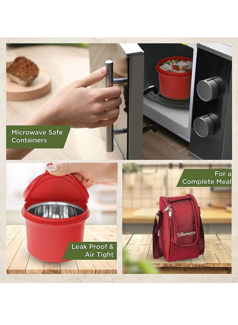 Executive Micro Safe Lunch Box | 3 Stainless Steel Containers | Microwave Safe | Insulated Fabric Bag | Leak Proof | Full Meal (Red)