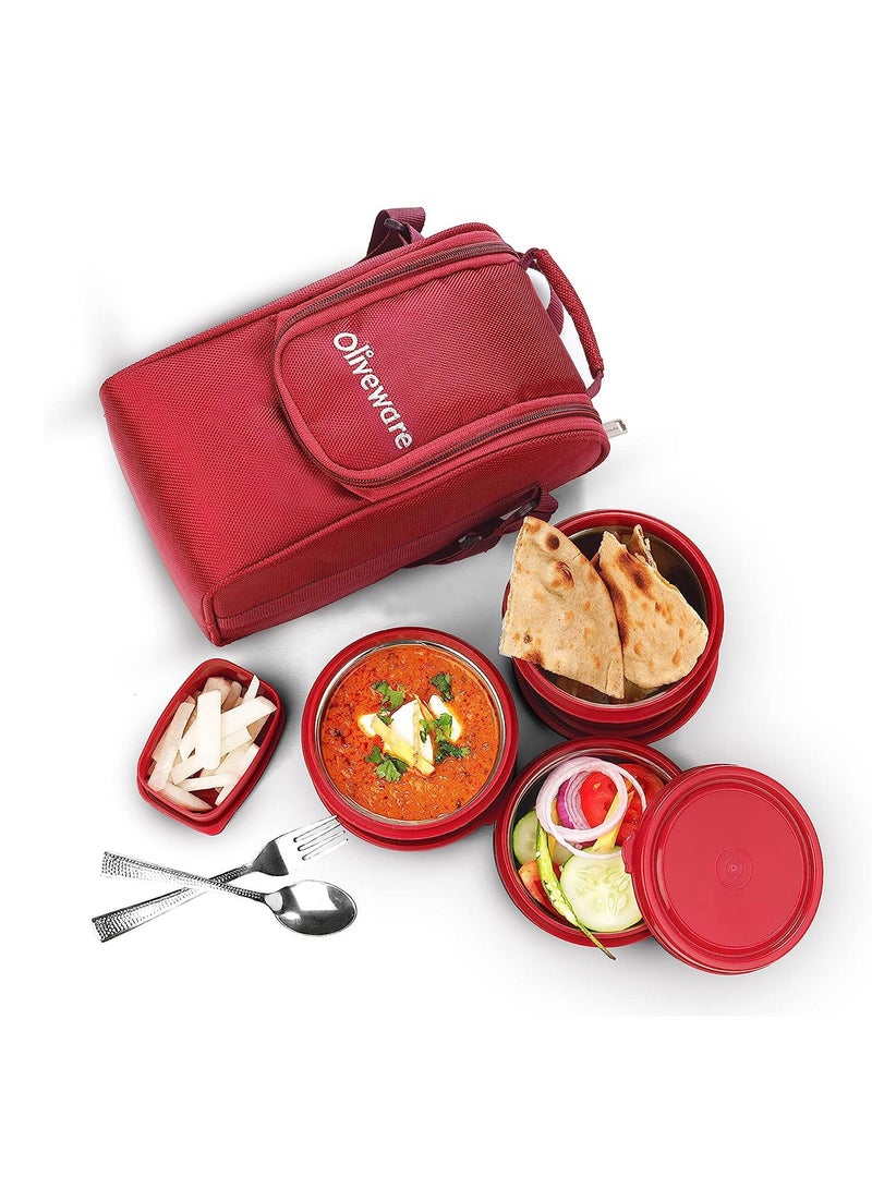Executive Micro Safe Lunch Box | 3 Stainless Steel Containers | Microwave Safe | Insulated Fabric Bag | Leak Proof | Full Meal (Red)