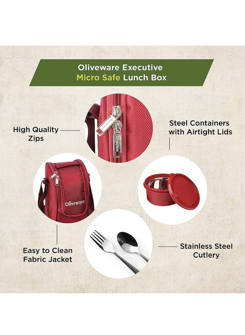 Executive Micro Safe Lunch Box | 3 Stainless Steel Containers | Microwave Safe | Insulated Fabric Bag | Leak Proof | Full Meal (Red)