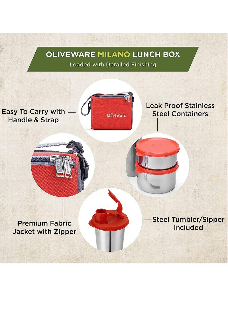 Milano Lunch Box | 3 Stainless Steel Containers and Sipper | with Steel Spoon | School, College & Office  | Leak Proof | Full Meal & Easy to Carry | Red