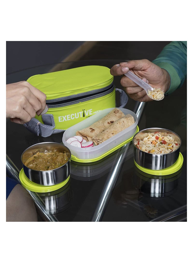 Milton Executive Lunch Box Soft Insulated Tiffin Box2 SS Container 1 Microwave Safe Container Green